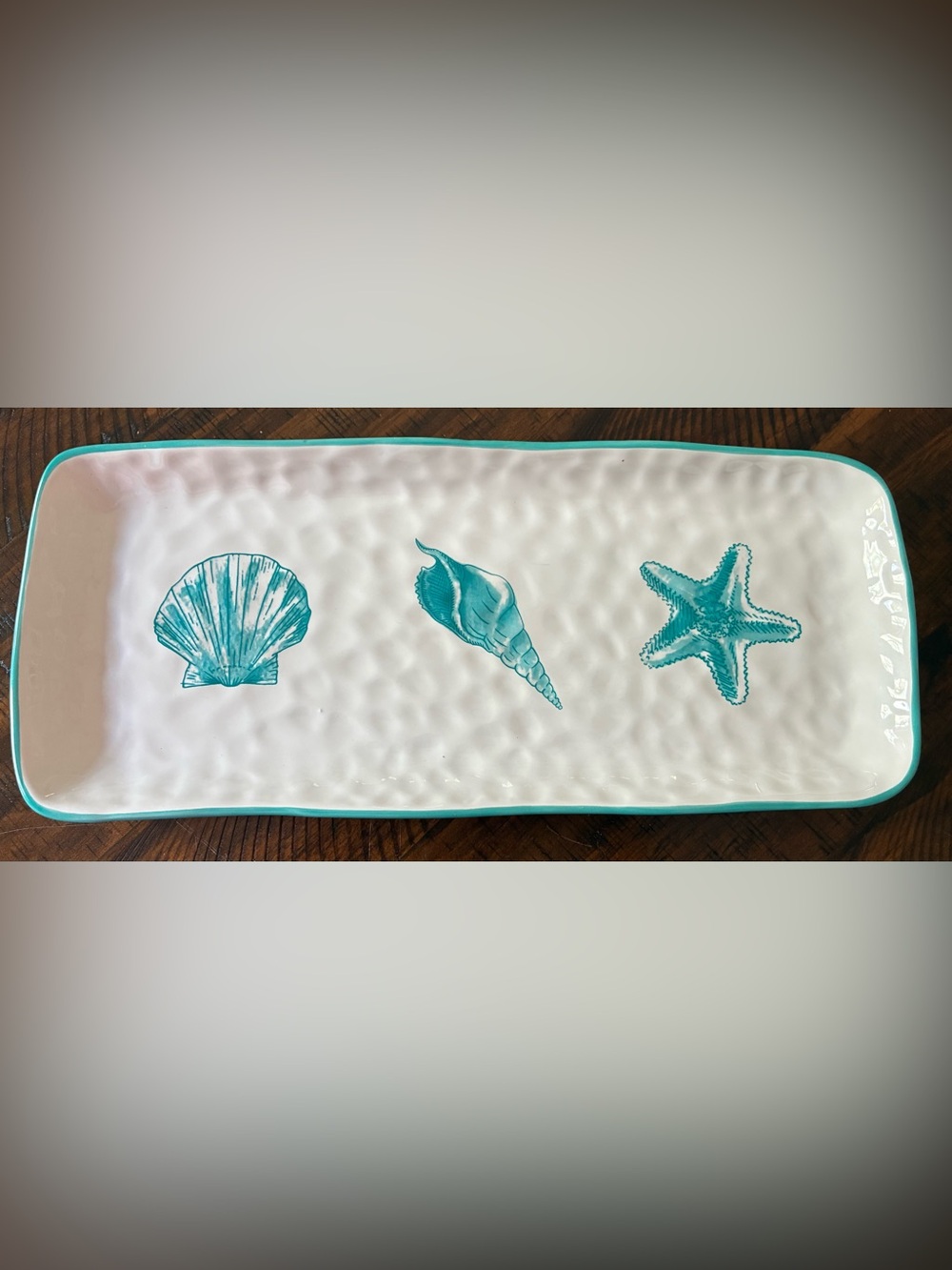 Seashell  Serving Platter in Teal Accents . A modern melamine platter.